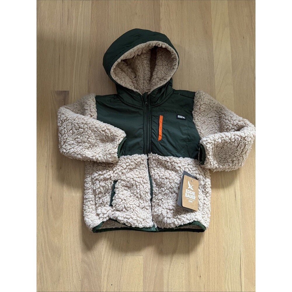 Eddie Bauer Kids Sherpa Fleece Hooded Jacket Plush NWT Green Tan 4T